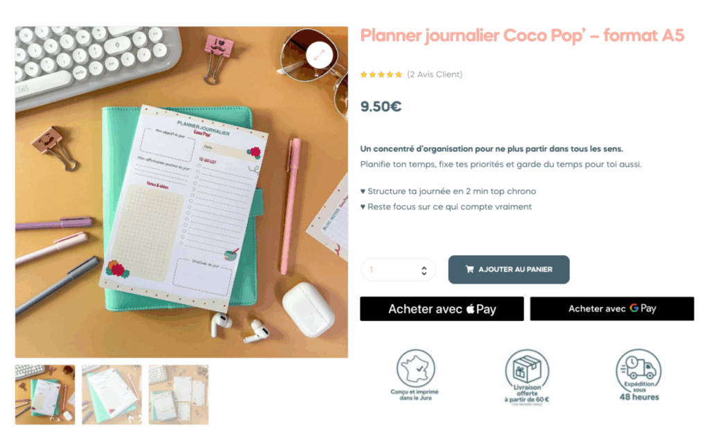 Exemple de fiche produit avec accroche et bénéfices